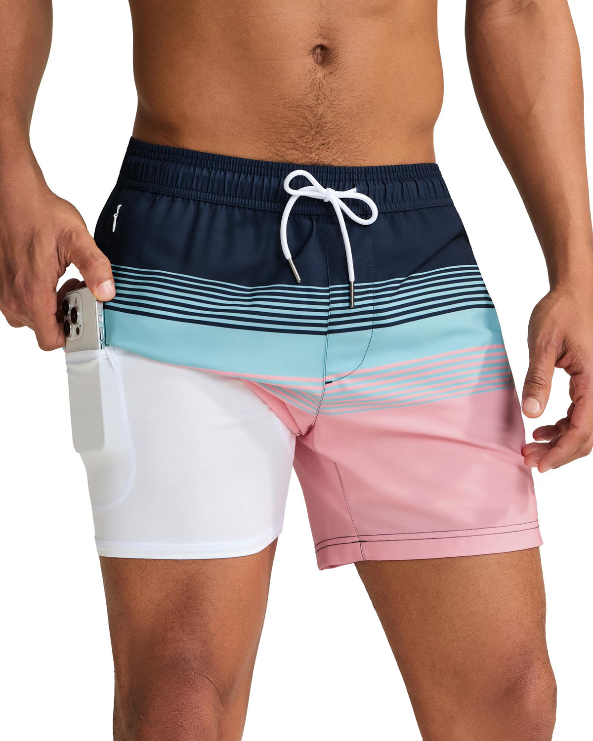 maamgic Mens Swim Trunks with Compression Liner 5 Inch, Quick Dry Bathing Suit with Zipper Pockets, Stretch No-Chafing Swim Shorts, Blue Green-Orange Stripes Large