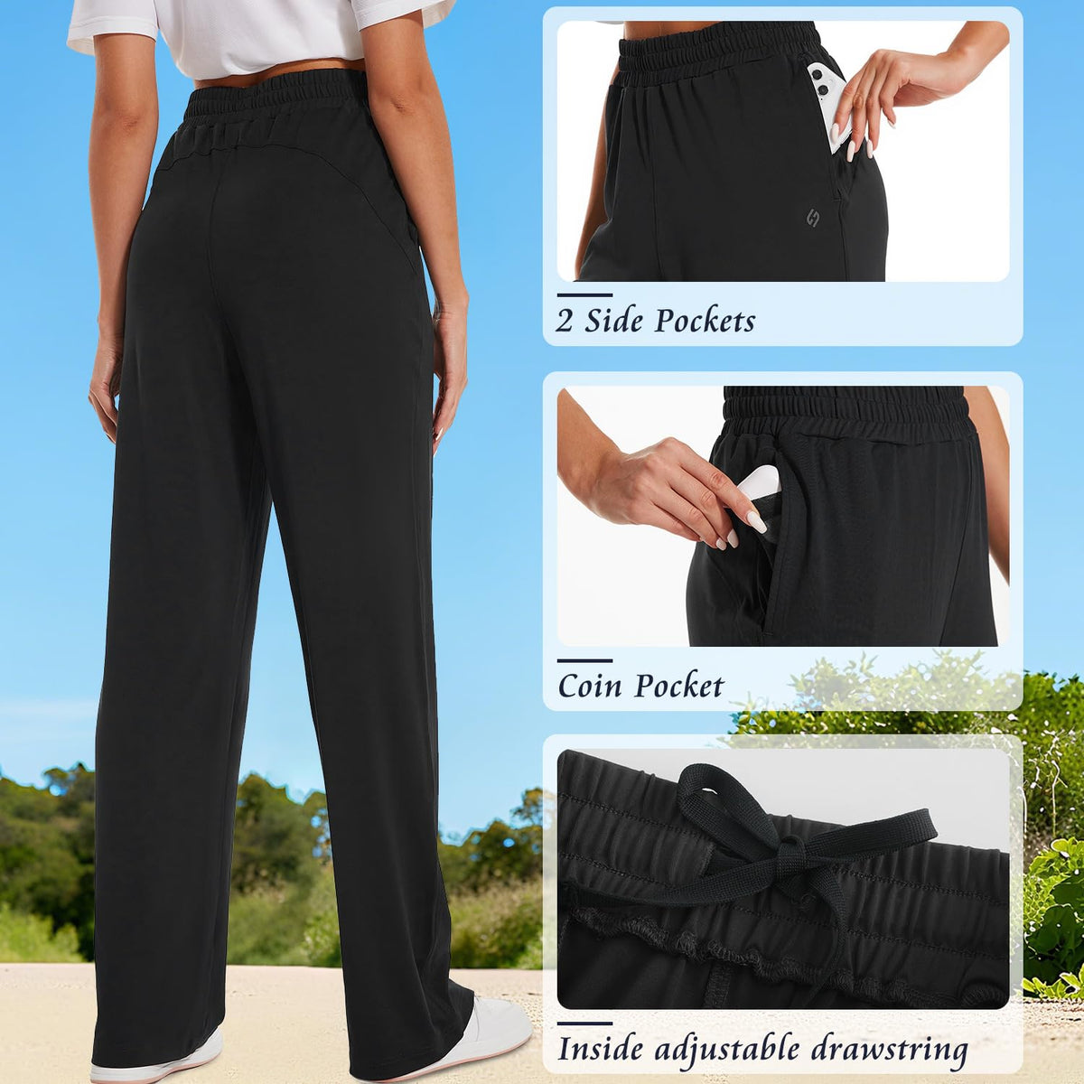 HOdo 32"/34"/36" Inseam Womens Tall Yoga Sweatpants Quick Dry Long Joggers Lounge Yoga Pants with Pockets-Black-34-M