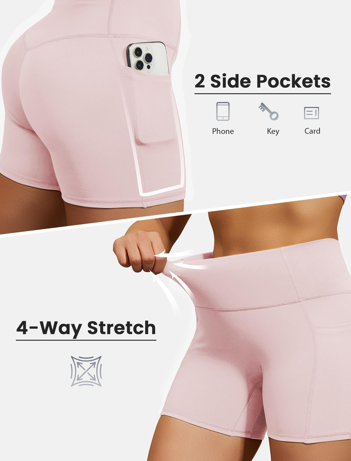 DLOODA Biker Shorts for Women, High Waisted Yoga Workout Tummy Control Spandex Compression Gym Running Shorts with Pockets Pink