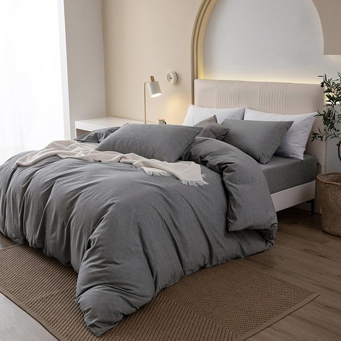 JIYUAN 100% Washed Cotton Duvet Cover Set 3 PCS Oversized Queen, 1 Duvet Cover 98"x98" (Comforter Not Included) and 2 Pillowcases,Linen Feel Bedding Set Comfy and Breathable, Heathered Dark Grey