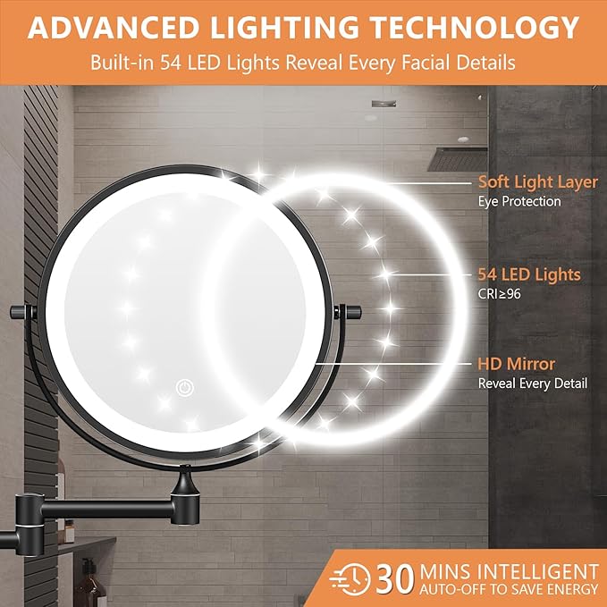 Auxmir 8'' Wall Mounted Lighted Makeup Mirror, 3200mAh Rechargeable
