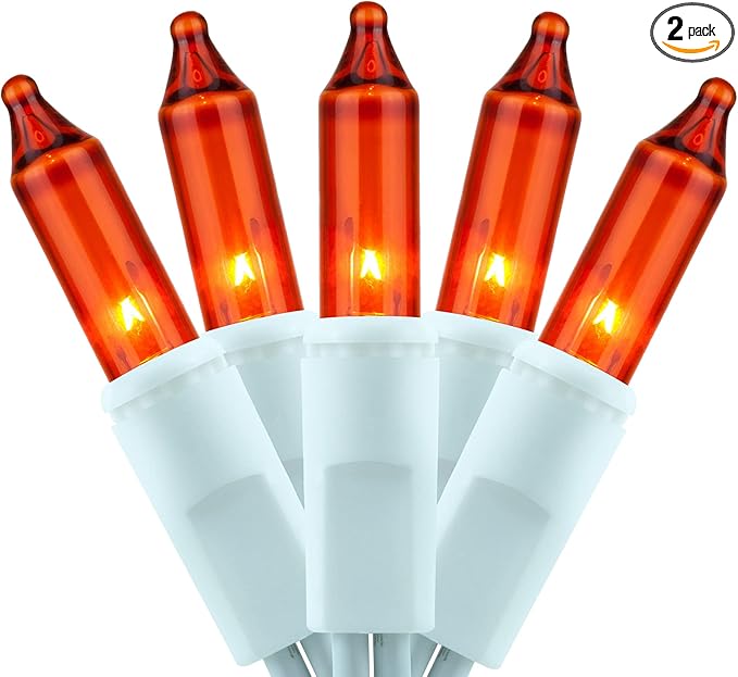 YULETIME 200 Orange Christmas Lights, Pack of 2 Strands of 21 ft 100 Count UL Certified Incandescent Mini String Light (Orange - White Wire)