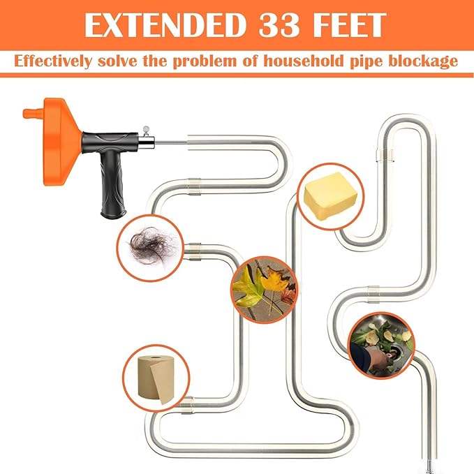 Drain Snake Auger 33 Feet, Plumbing Snake Drain Hair Clog Removal Tool, Heavy Duty Toilet Snake Auger, Sink Unclogger Drain Cleaner Tool for Bathroom Kitchen Tub Shower Drain Clog Remover with Gloves