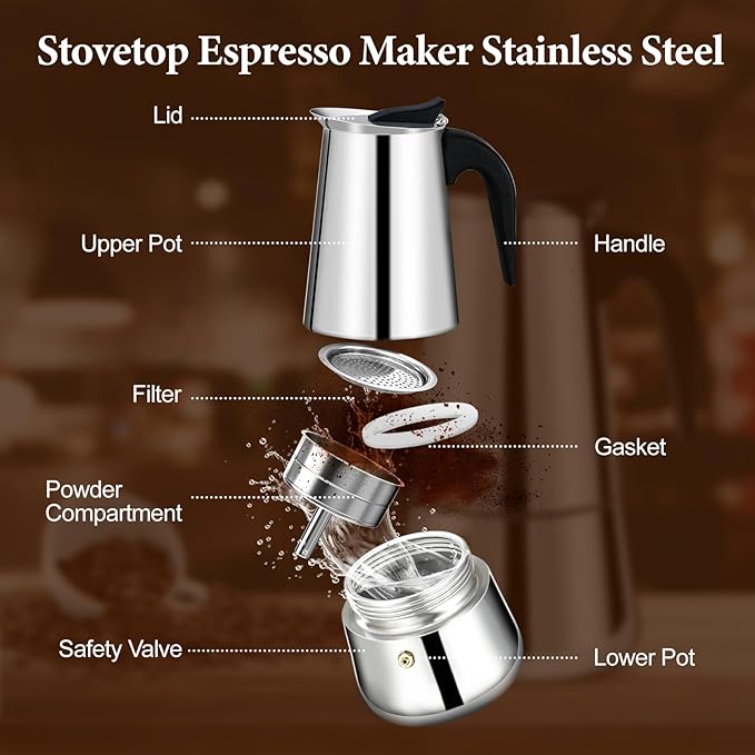 6 Cup Moka Pot Percolator Italian Coffee Maker 300ml Stovetop Espresso Mocha Stainless Steel Greca Coffee Maker Classic Cafe Makers Suitable for Induction Cookers Ceramic Stoves Straight