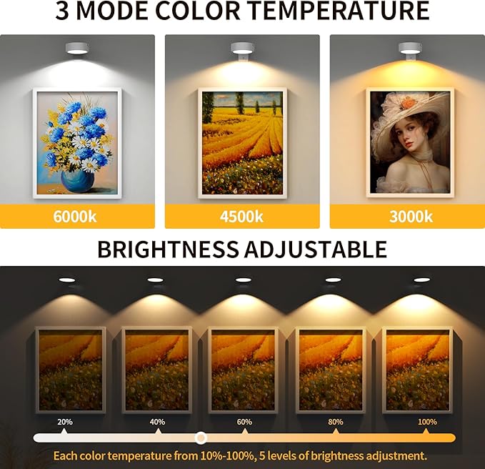 3 Pack Picture Lights for Wall, Rechargeable Battery Operated wall lights