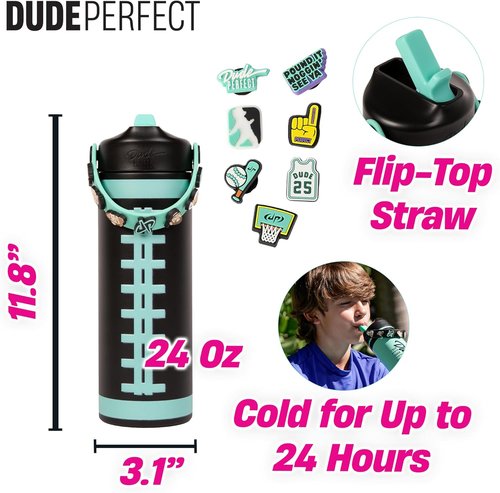 Dude Perfect Water Bottle - Stainless Steel Double Wall Insulation | Leak-Proof Flex Straw Lid | 24 oz Black
