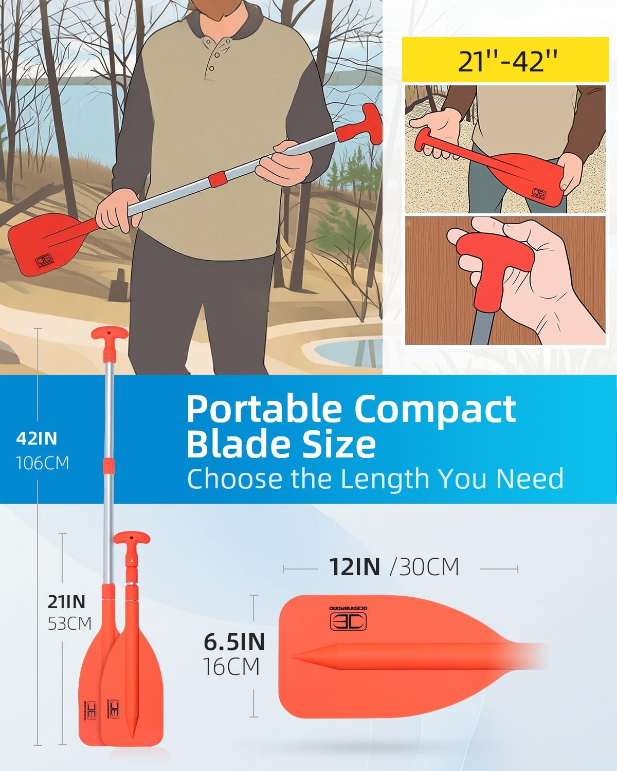 OCEANBROAD Telescoping Emergency Paddle - Adjustable 21'' to 42'' | Durable Aluminium for Kayaking & Canoeing