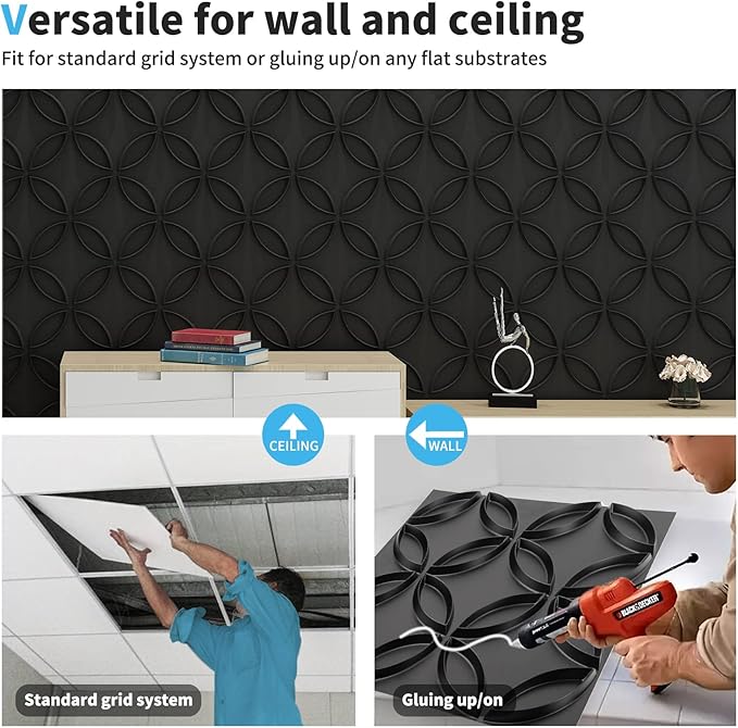 Art3d PVC 3D Wall Panel Interlocked Circles in Matt Black Cover 32 Sq.ft
