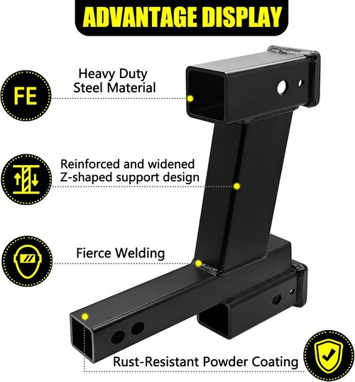 KAIRAY Dual Hitch Extender Adapter - 2-Inch & 10-Inch Riser/Drop for 2-Inch Receiver | 10,000 lbs Towing Capacity