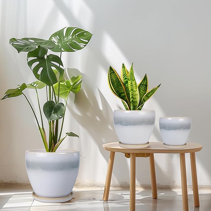 Ceramic Plant Pots - Modern Round 10 Inch 8 Inch 6 Inch Planters for Indoor Outdoor, Flower Pots with Drainage Holes and Plant Saucers, Home Decor, Plant Lover Gifts, Set of 3, White-Grey