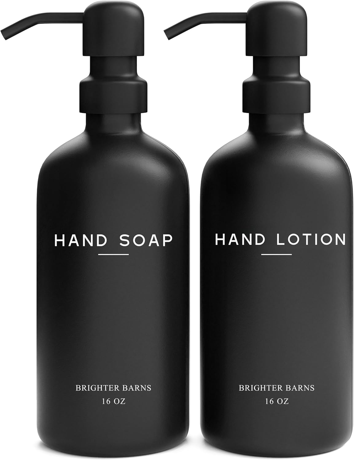 Black Glass Soap and Lotion Dispenser Set by Brighter Barns - Hand Soap Dispenser Bathroom Set - Bathroom Decor & Accessories for Restaurant, Gym, Office, Fitness Center, Hotel, Airbnb, Spa (Black)
