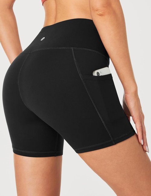 Heathyoga Biker Shorts for Women - High Waisted Tummy Control with Pockets | 5" Spandex Workout Shorts