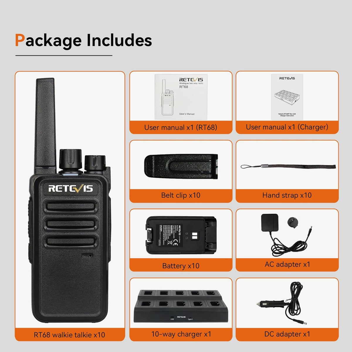 Retevis RT68 Long Range Walkie Talkies - 10 Pack with Multi-Way Charger & 1200mAh Battery