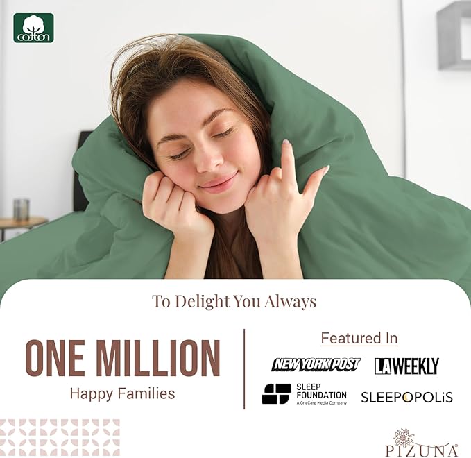 Pizuna Pure 100% Cotton Twin Duvet Cover Set, Luxurious 400 Thread Count Long Staple Cotton Sateen Weave with Button Closure (Combed Hedge Green Cotton Duvet Cover Twin)