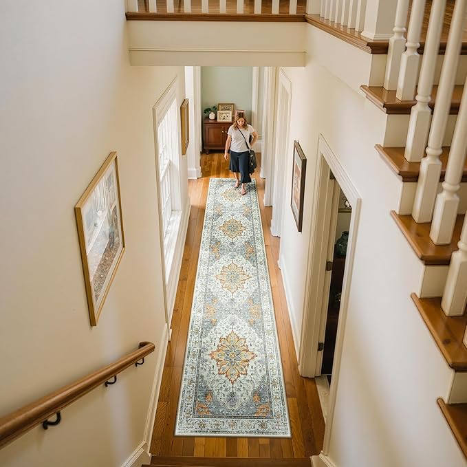 Area Rugs 2'x10' Runner Rug Non Slip Washable for Kitchen Hallway Bedroom Beside Laundry Room Bathroom Rug, Floor Carpet, Light Yellow Carbon Grey Orange