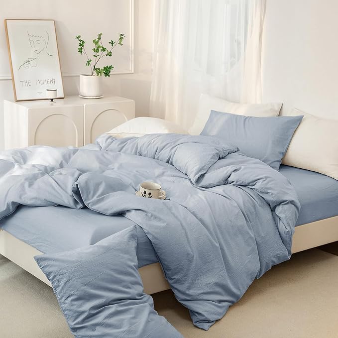JIYUAN 100% Washed Cotton Duvet Cover Set 3 Pieces Cal King, 1 Duvet Cover 104x98 Inches(Comforter Not Included) and 2 Pillowcases,Linen Feel Bedding Set Comfy and Breathable, Heathered Light Blue