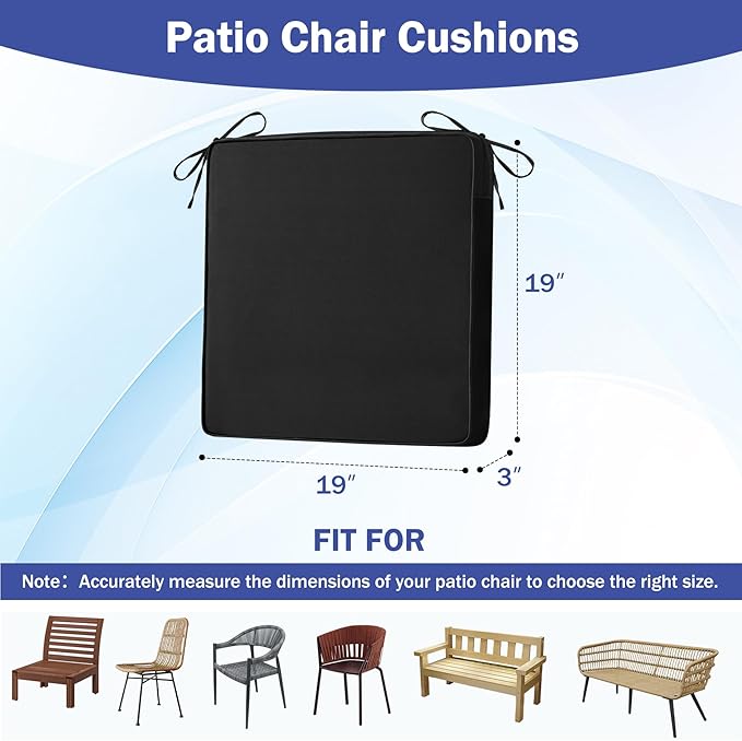 IASEAHK Patio Chair Cushions, 19" x 19" x 3" Outdoor Chair Cushions Set of 4, Waterproof Outdoor Cushions for Patio Furniture, Outdoors Seat Cushions Set of 4 with Handle and Ties, Black