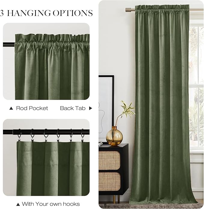 NICETOWN Sage Green Velvet Curtains 90 inches Long 2 Panels, Semi Room