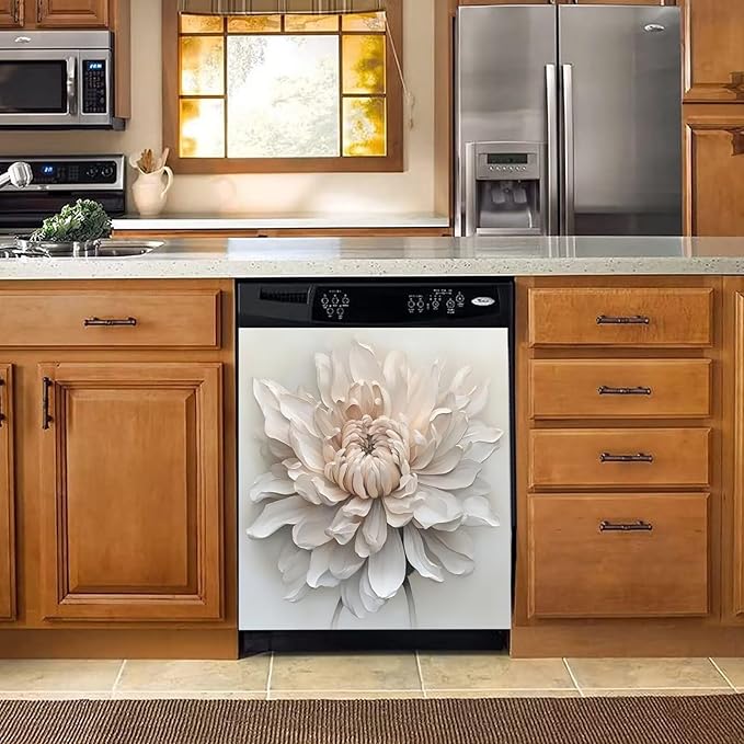 White Floral Magnetic Dishwasher Cover 23x26 | Reusable Appliance Skin for Dishwasher, Fridge, Washer | No-Residue Vinyl, Renters-Friendly, Scratch Hider | Housewarming