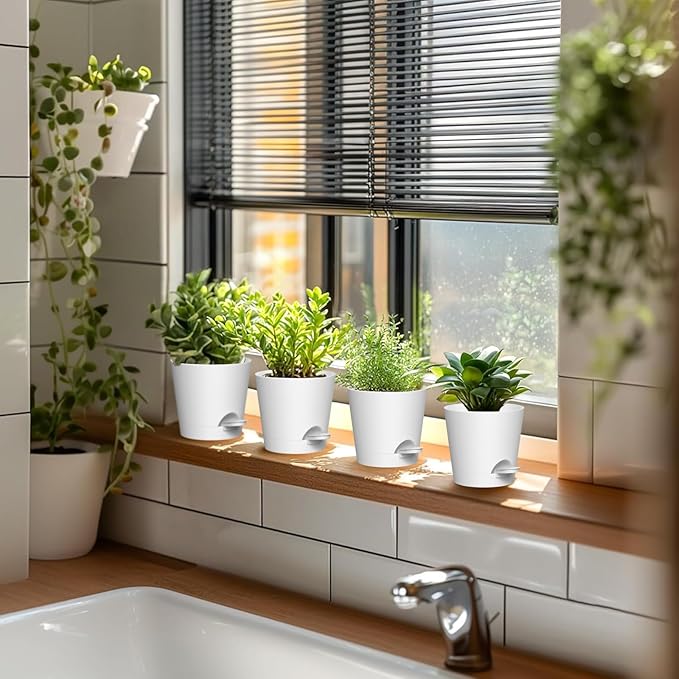 WSMKSZ 4 inch Self Watering Pots for Indoor Outdoor Plants, 6 Pack Plastic Flower Planters with Drainage Holes and Removable Saucers, Plant Pots with Wicking Rope, Modern Decor, White