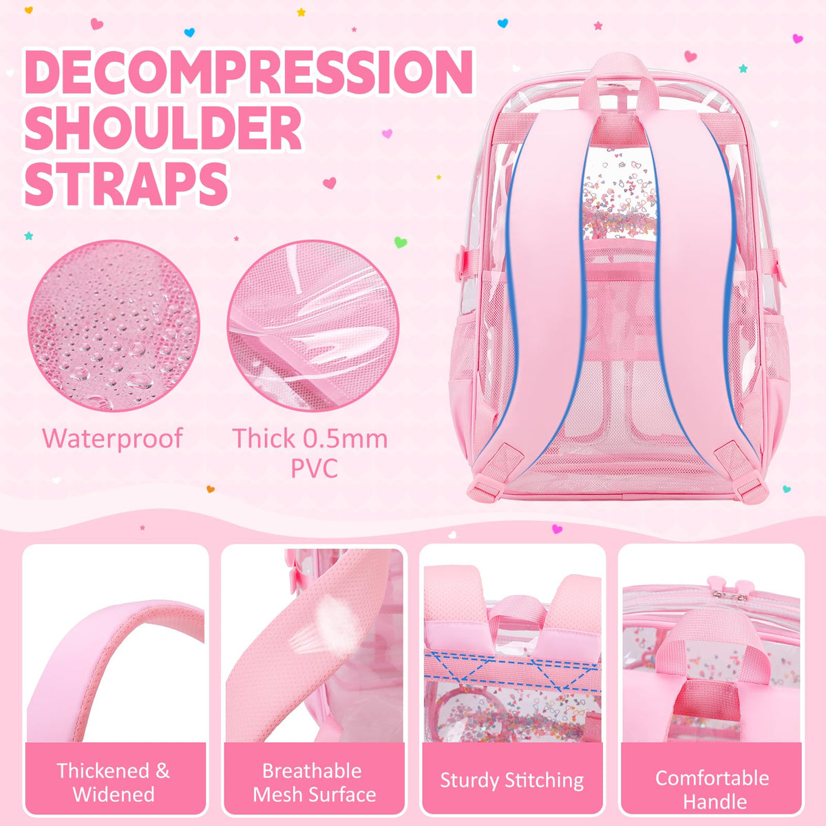 ASKSKY Clear Backpack for Girls School Clear Bookbag Stadium Events Heavy Duty Transparent Back Pack, Pink