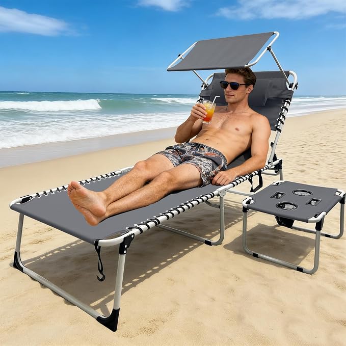 Outdoor Tanning Chair with Sun Canopy Shade & Face Hole, Folding Lounge Chair with Beach Table and Carry Bag for Poolside Sunbathing Lawn