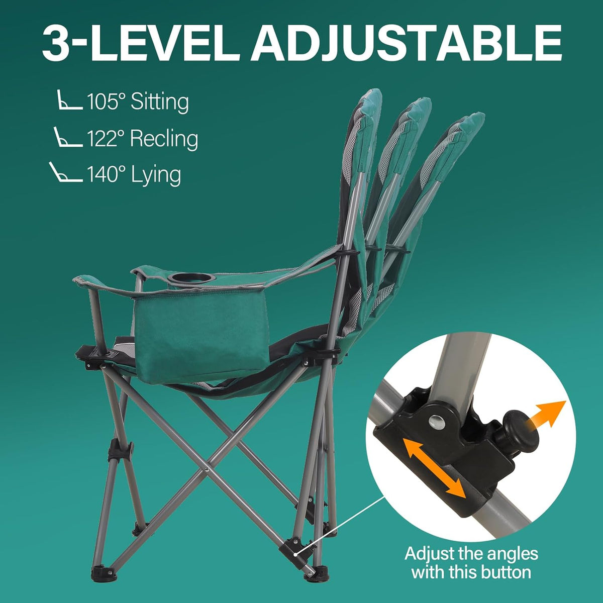 Skiennix Oversized Camping Chairs - Heavy Duty Folding Lawn Chairs with Adjustable Backrest & Cup Holders | Supports 400lbs