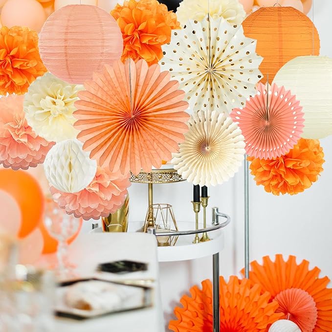 Beige Orange Peach Fall Boho Party Decorations Paper Lanterns Tissue Pom Poms Streamers Hanging Paper Fans for Autumn Harvest Birthday Thanksgiving Wedding Bridal Shower Baby Shower Party Decoration