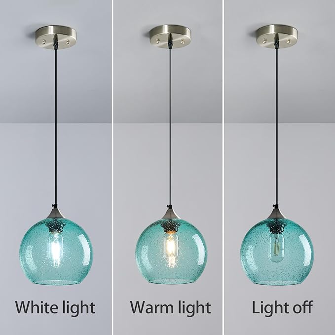 Light Blue Glass Pendant Lights Kitchen Island Lighting Globe Pendant Light Fixtures Modern Pendant Lighting for Bedroom Living Dining Room Light Fixture (7.87 in, 3 Pack)