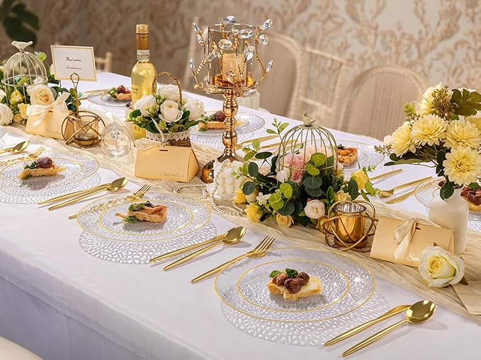 Rubtlamp 60Pcs Clear Plastic Plates,Clear Disposable Plates With Gold Rim,Heavy-duty Gold Plates,Hammered Party Plates Include 30Clear Dessert-Platos,30Dinner-Platos for Wedding, Party&Christmas
