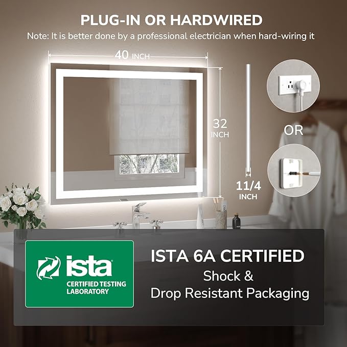USHOWER LED Bathroom Mirror 40x32 Inch Tempered Glass