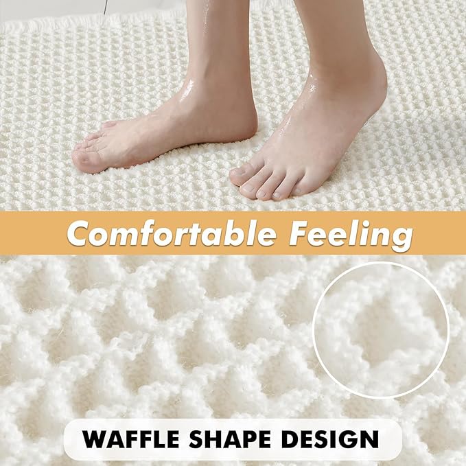 MIULEE Set of 2 Waffle Bathroom Rugs, Boho Bath Rugs Non Slip Washable, Super Absorbent Bath Mats, Ultra Soft Rubber Backed Shower Mats for Bathroom Floor, Tub and Shower, White, 24x36 Inch