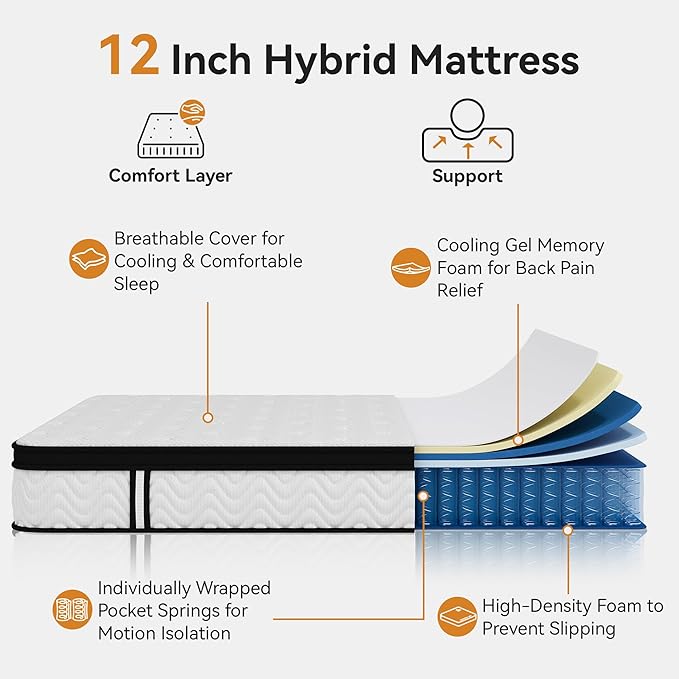 Queen Mattress 12 Inch, Queen Size Memory Foam Mattress in a Box, Hybrid mattresses with Independent Pocket Coils for Motion Isolation & Silent Sleep, Medium Firm,CertiPUR-US,100 Nights Trial