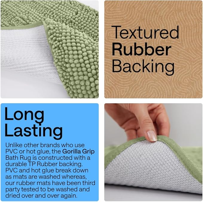 GORILLA GRIP Bath Rug Mat 30x20, Thick Soft Absorbent Chenille, Quick Dry Microfiber Mats, Rubber Backing Washable Shower Floor Rugs, US Designed Bathroom Bathmat Home Decor Accessories, Sage Green