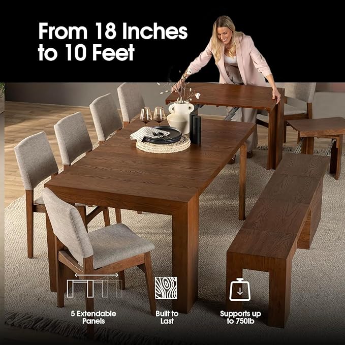 Transformer Table - Solid Wood Extendable Dining Table with 4 Stackable Chairs, Seats 2-12, Expandable Table, Space-Saving Furniture, Dark Walnut, Brown Finish (Table + 4 Chairs)