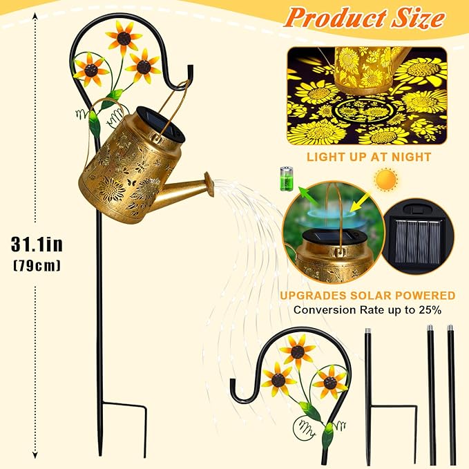 Sunflower Solar Watering Can Lights, Outdoor Waterproof Garden Lanterns with Shepherd Hook, Solar Garden Decor for Yard Outdoor Landscape Pathway Porch Patio, Gift for Women Mom Grandma, 2 Pack