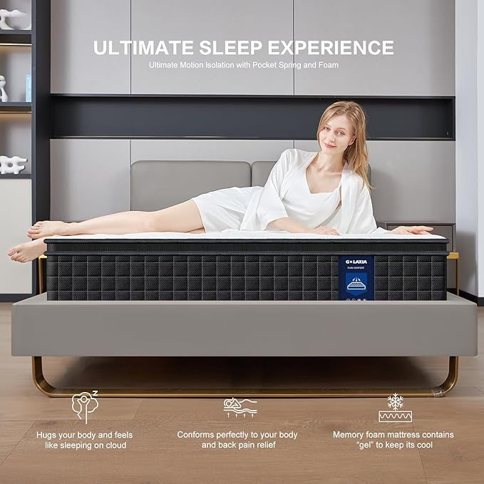 12 Inch Black Twin Spring Mattress,Medium Firm with Gel Memory Foam,Individually Pocketed Coil,Fiberglass-Free Fire Retardant CertiPUR-US Certified,75"*39"*12"