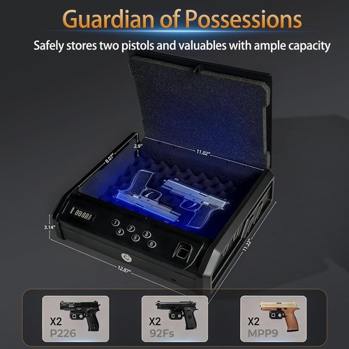 gun safe，with 3 Quick-Access Fingerprint，Passcode，Key.with LCD Display，with Pistol Safe Handgun Safe, Hand Gun Lock Box for Home Drawer Car Bedside Nightstand