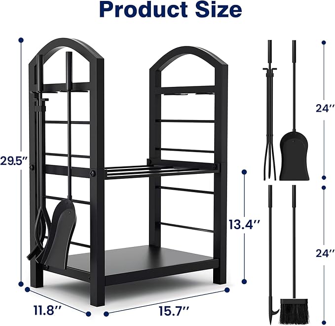 AMAGABELI GARDEN & HOME Firewood Rack Indoor with Tools 5-Piece Fireplace Tools Set Wood Holder Outdoor Wrought Iron Log Holder Firewood Storage Rack for Fireplace,Fire Pit,Wood Stove Black