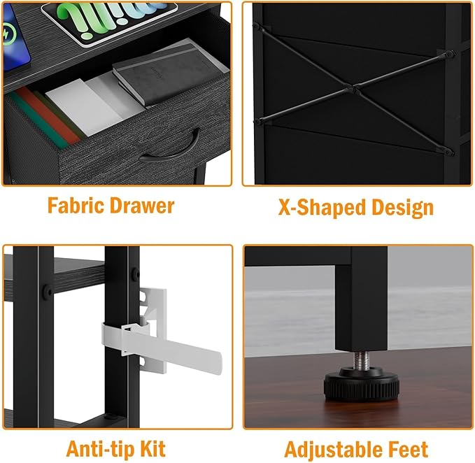 Furnulem Tall Night Stand with 3 Fabric Drawers and LED Lights, Nightstand with Bookshelf, 45.3inch Tall Bedside Tables with USB Ports in Bedroom, Dorm, Office,Metal Frame, Wood Shelves (Black Oak)