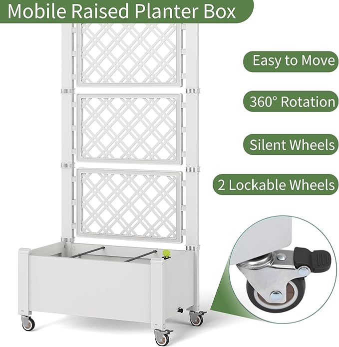 Miory 60" Raised Garden Bed with Trellis & Wheels, Vertical Gardening Planter Box with Water Level Indicator and Drainage System for Garden Outdoor Patio Balcony