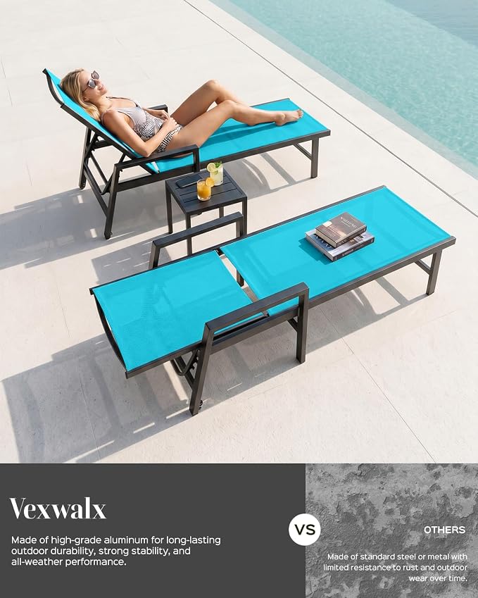 Patio Chaise Lounge Chair Outdoor with Wheels&Armrests, Aluminum Pool Lounge Chairs Set of 2 Five-Position Adjustable Recliner, Outdoor Beach Lounge Chairs for Outside, Patio, Deck, Yard, Lake Blue