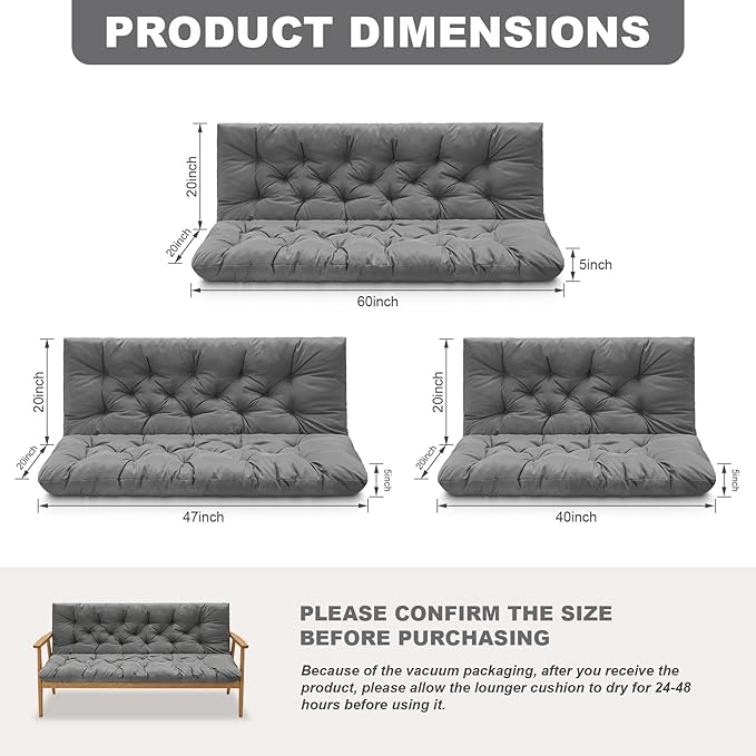 Porch Swing Cushions,Outdoor Cushions 3 Seater Replacement with Backrest, Waterproof Thickened Bench Cushion with Ties for Porch, Patio,Outdoor, Backyard and Garden (Light Gray 47 * 40 in)
