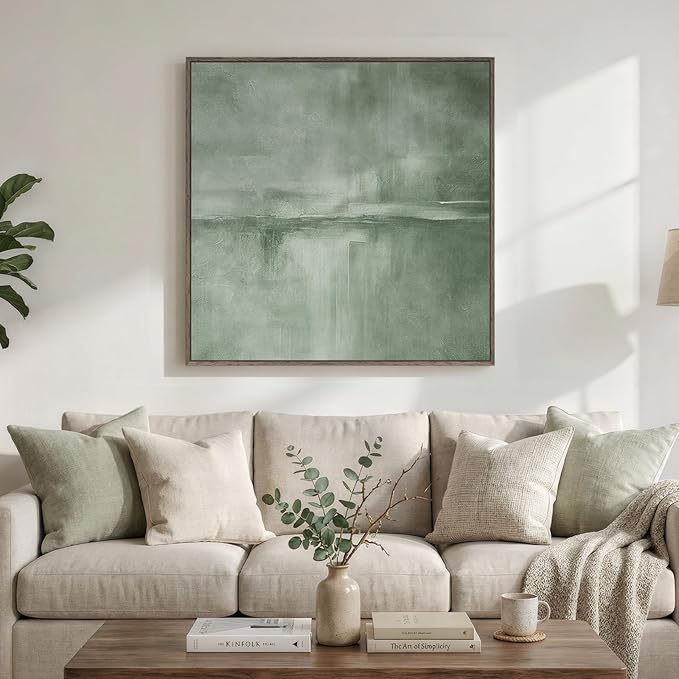 Large Framed Green Abstract Wall Art, Modern Minimalist Sage Green Canvas