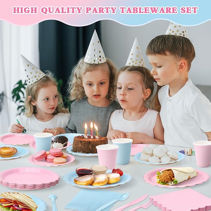 Vyntra 350 PCS Disposable Plates for Party, Paper Plates & Napkins Set with Cups, Knives, Forks, Spoons, 7'' Dessert and 9'' Dinner Plates for Gender Reveal, Baby Shower - Pink and Blue