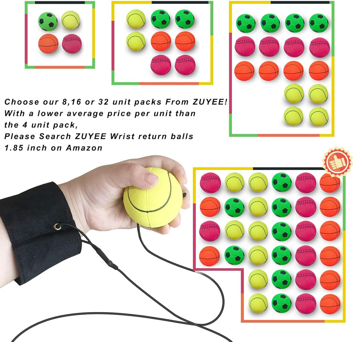 ZUYEE Wrist Return Balls - 1.85 Inch Rubber Rebound Balls for Sports | Perfect Gift for Kids
