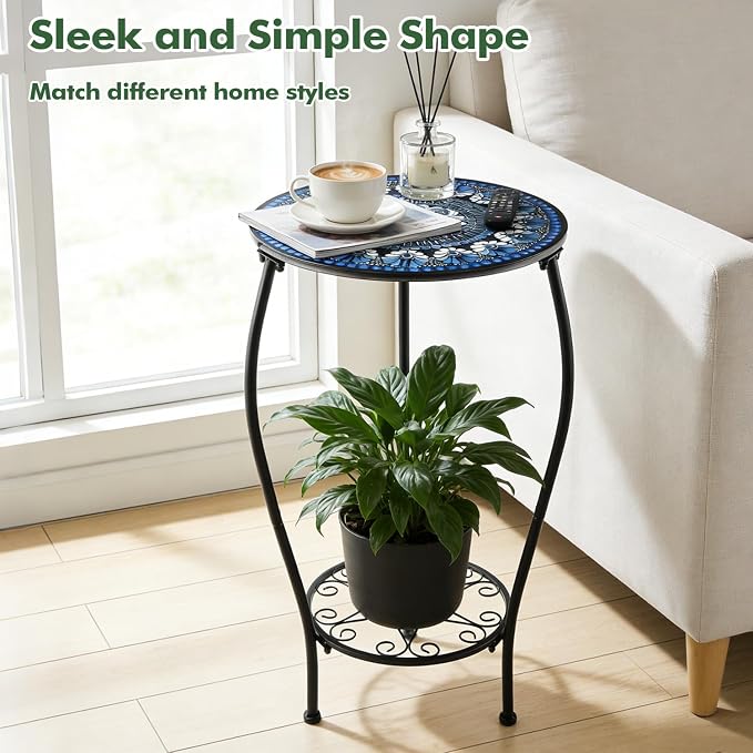 Two-tiered 13 Inch Metal Round Side Table Set of Two Small Black Outside End Table for Patio Round Accent Garden Corner Stand for Small Spaces Weather-resistant Outdoor Coffee Table for Balcony