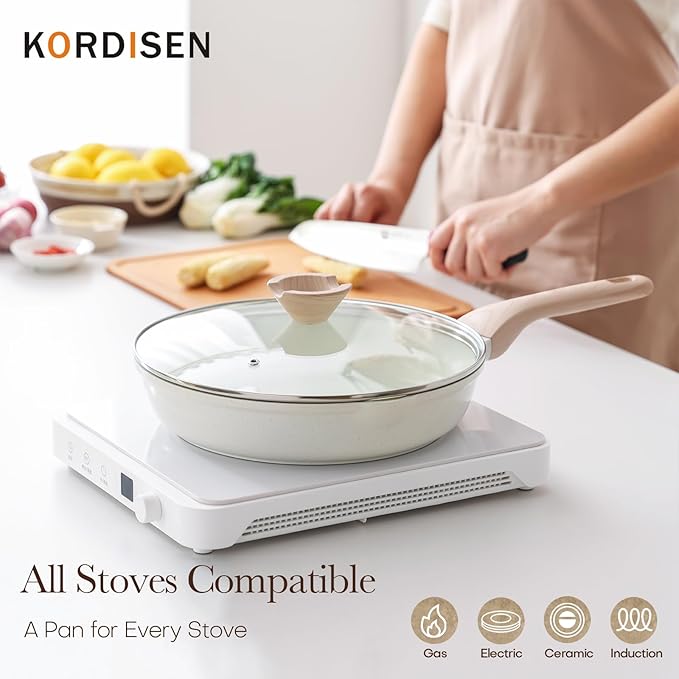Ceramic Non Stick Frying Pans Skillet with Lid, 9.5 Inch Ceramic Frying Pan Nonstick for Cooking Non Toxic, Healthy Induction Cookware, Heat Resistant Handle, PFOA & PFAS Free