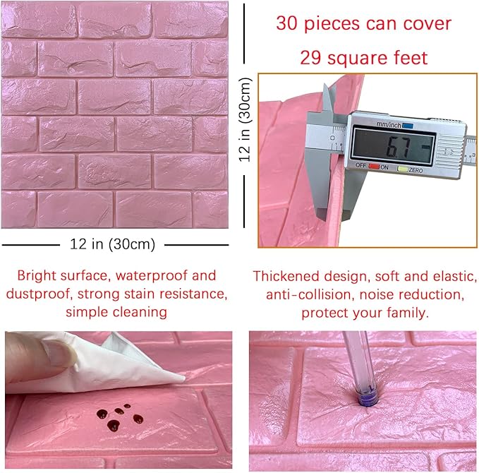 30PCS 3D Wall Panels Peel and Stick Faux Brick Wallpaper Pink Self Adhesive