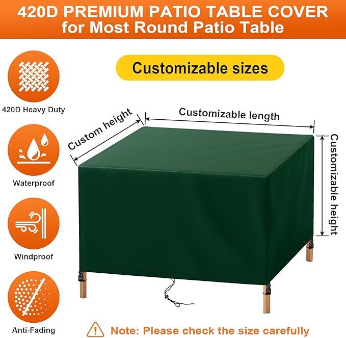 Patio Furniture Cover Rectangle 104"(L) x 48"(W) x 36"(H), Custom Heavy Duty 420D Waterproof Outdoor Cover with Drawstring & Buckles for Table Chair Garden, Green